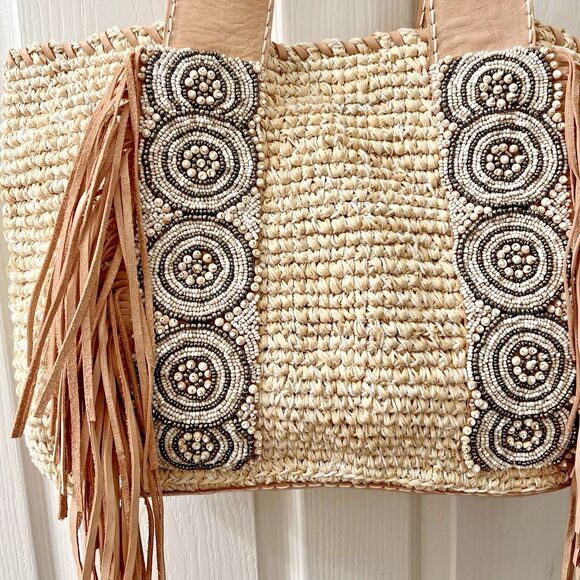 Cocobelle Beaded Raffia Leather Fringe Straps Trim Large Tote Boho Beach Coastal